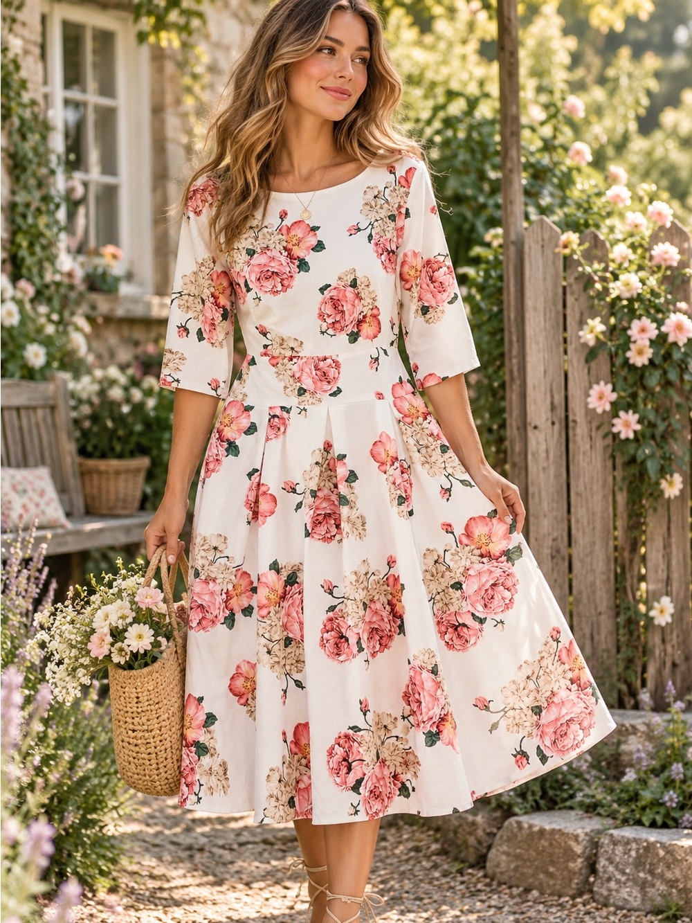 MINT LIMIT Floral Rose Romantic Cottagecore Boatneck Fit & Flare Dress M NWT